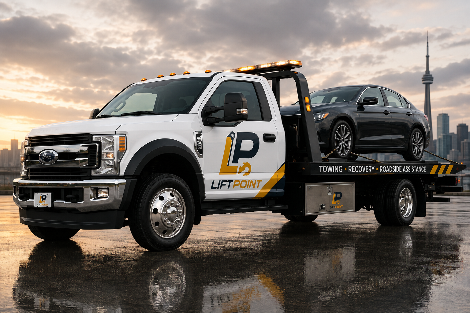 Flatbed tow truck carrying a sedan with the Toronto skyline at golden hour